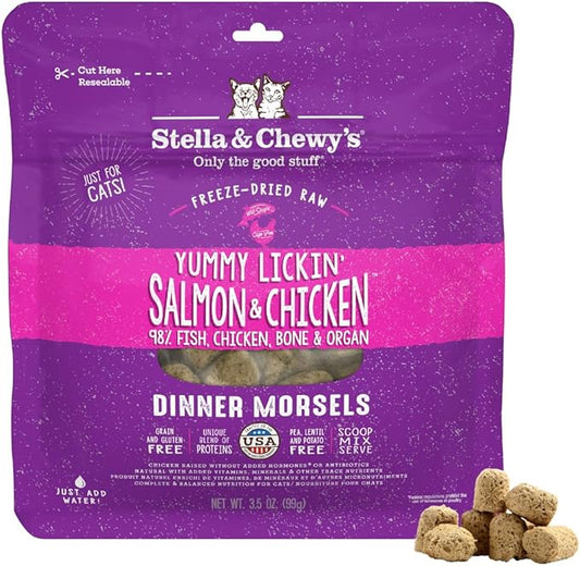 Stella & Chewy's Freeze-Dried Raw Cat Dinner Morsels - Premium Salmon & Chicken Recipe with 98% Wild-Caught & Cage-Free Protein - Natural Grain-Free Cat & Kitten Food - Made in USA - 3.5 oz