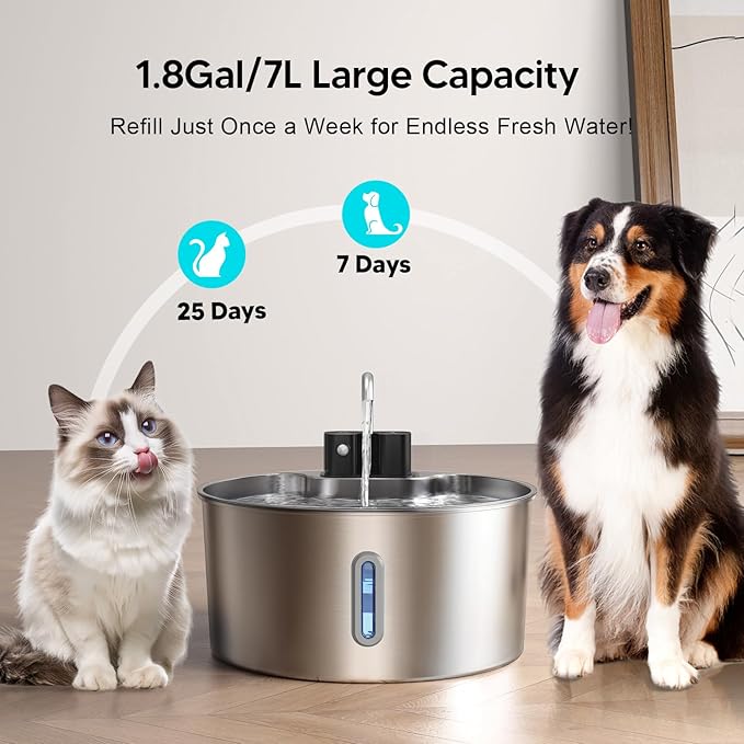 Voluas Dog Water Fountain: 1.8Gal/7L Wireless Stainless Steel Dog Fountain Bowl for Small to Large Dogs, Battery Operated Pet Water Dispenser Indoor with Ultra-Quiet Pump, Easy Clean BPA-Free