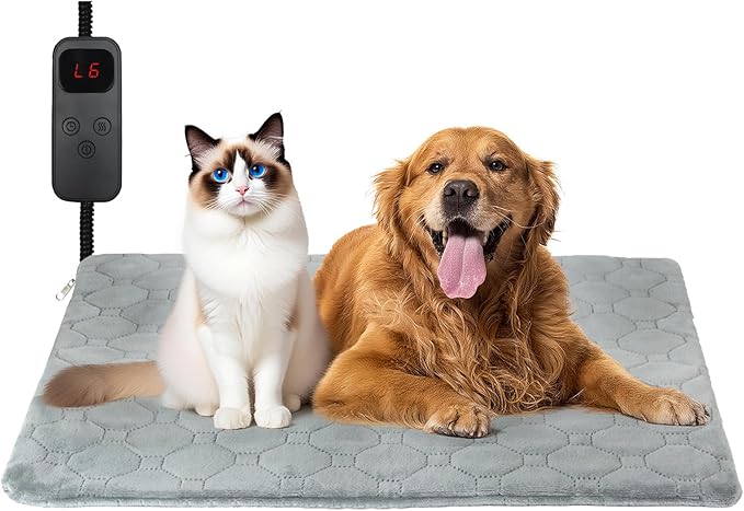 Cat Heating Pad, 6 Adjustable Temperature & 5 Timer Options, 15.7'' x 27.5'' Pet Heating Pad for Cats Dogs, Waterproof Indoor Outdoor Electric Heated Cat Bed Dog Mat with Chew-Resistant Cord (Grey)