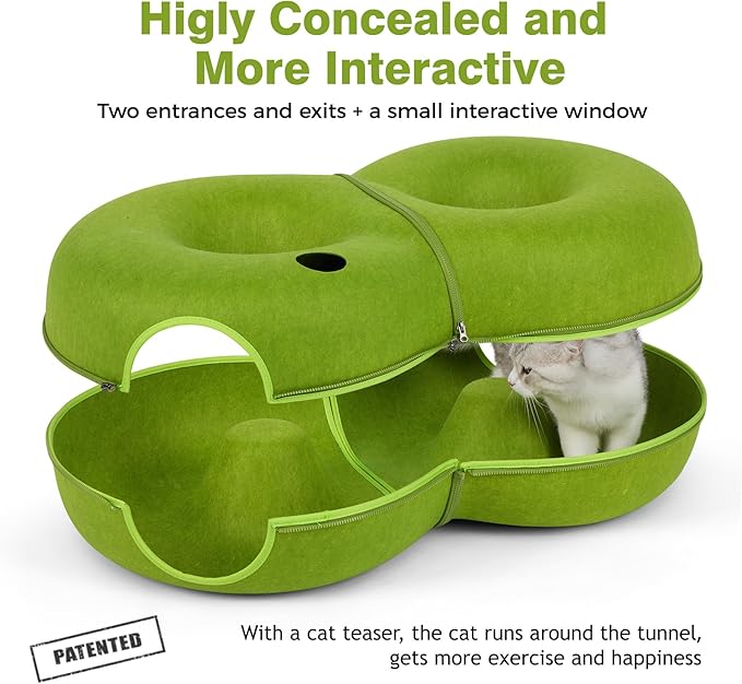 8-Shaped Large Cat Tunnel Bed for Indoor Cats, Infinite Circulation Peekaboo Cat Cave with 12 Toy Balls, Cat Donut Tunnel for Cats up to 30 Pounds (Green, L(38x24x11))