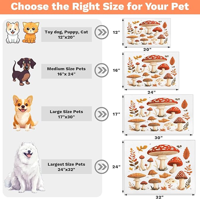 Retro Mushroom Dog Food Mat for Floors Absorbent Dog Bowl Mat for Food and Water Dispenser Quick Dry Cat Food Placemat Pet Supplies 16" x 24", Boho Leave
