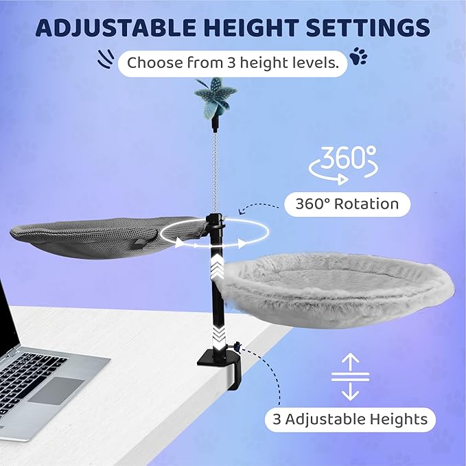 2-Tier Large Cat Desk Bed with Dual Hammocks | Ultra-Soft Removable Fur & Breathable Mesh Pads | Desk-Mounted Perch for One or Multiple Cats | Bonus Feather Toy Included
