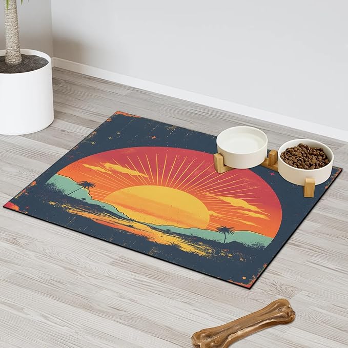 Boho Sunrise Dog Food Mat for Floors Absorbent, Quick Dry Water Dispenser Mat for Food, Water, Pet Supplies 12" x 20", Palm Tree