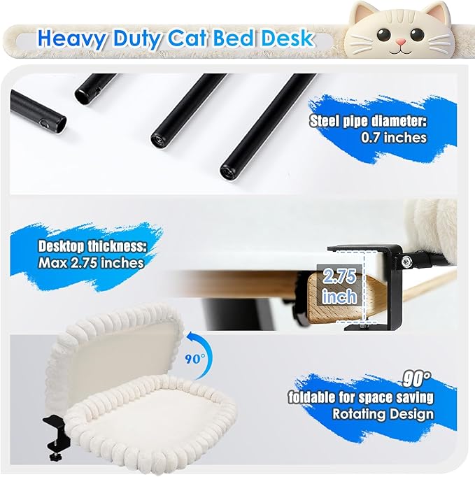 IPOW Cat Bed Heavy Duty Steel Frame Supports up to 50lbs Cat Desk Bed & Perch Space-Saving 91°Foldable with Soft Ultra-Plush Faux Fur for Small Medium Large Cats