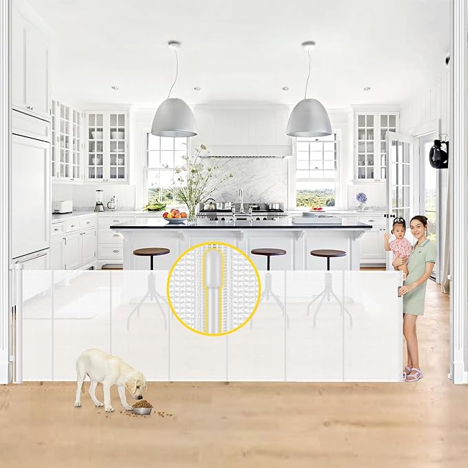 Reinforced 42” Tall x 130” Extra Wide Retractable Baby Gate for Large Openings Extra Tall Dog Gate with Rods to Prevent Crawling Through, Extra Long Mesh Pet Gate for Doorways, White