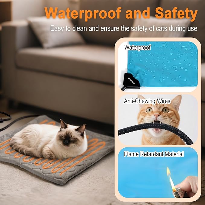 Cat Heating Pad, 6 Adjustable Temperature & 5 Timer Options, 15.7'' x 27.5'' Pet Heating Pad for Cats Dogs, Waterproof Indoor Outdoor Electric Heated Cat Bed Dog Mat with Chew-Resistant Cord (Grey)