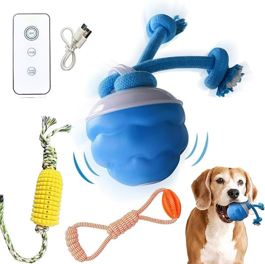 Dog Toy Bundle,3 Pack Interactive Balls,Automatic Moving&Rolling Dog Ball with RC+Chew Corn Toy+Chew Rope Toy,Moving Ball with USB Rechargeable