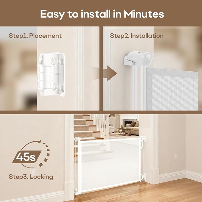 Retractable Safety Baby Gate or Mesh Dog Gate,Durable Portable Mesh Retractable Gate,Easy to Use for Stairs, Doorways, Hallways, Indoor, Outdoor, 33.5" Tall, Extends to 55" Wide,White