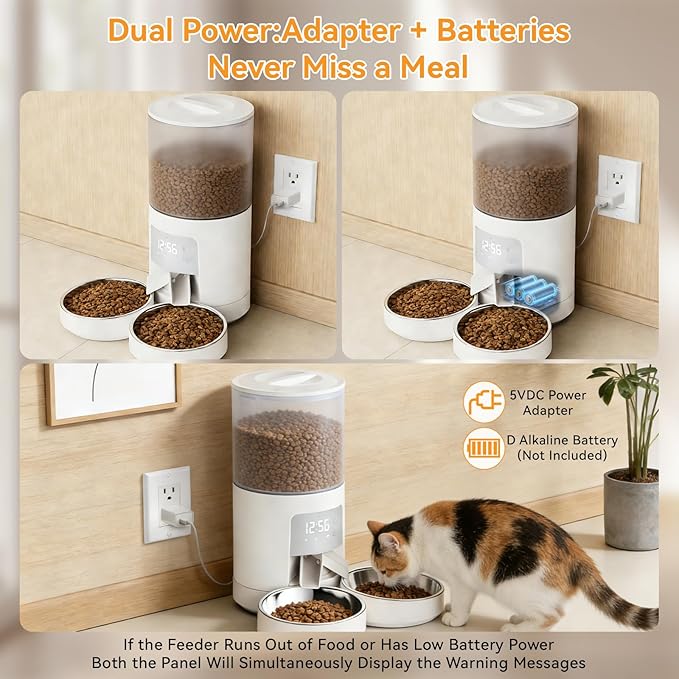 NEWBULIG Automatic Cat Feeder for 2 Cats, 6L Timed Pet Feeders with 10s Voice Recorder, Dog Food Dispenser, Dry Food, 6 Meals, Programmable 50 Portions, Dual Power Supply