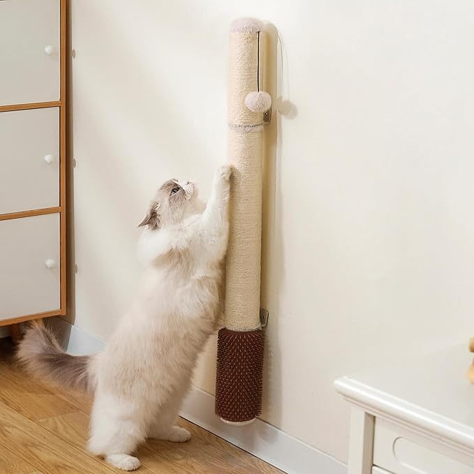 Wall Mounted Cat Scratcher, 34” Extra-Tall Vertical Sisal Scratching Post for Large Cats, Space-Saving Wall Cat Scratcher with Self Grooming Brush & Hanging Ball, Beige