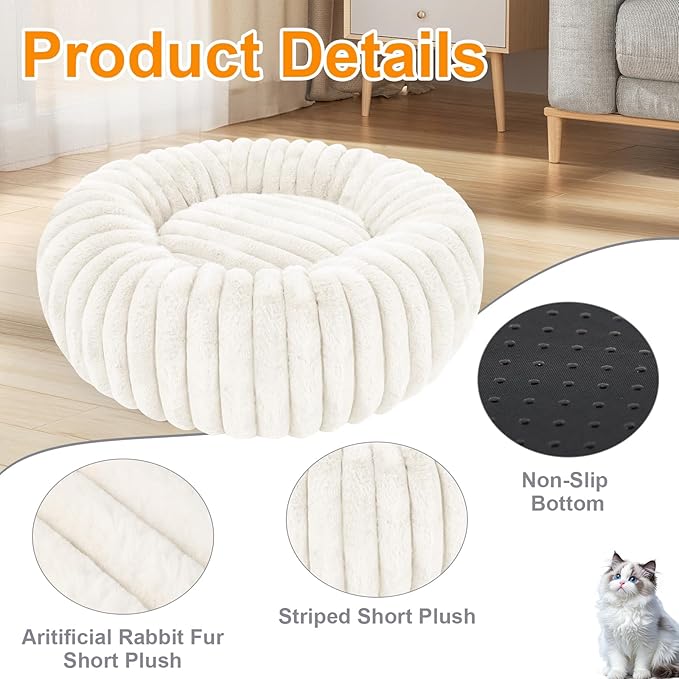 Washable Small Cat Dog Bed,Calming Anti Anxiety Round Donut Dog Bed,Cute Kitten Cat Beds for Indoor Cats,Fluffy Puppy Dogs Beds for Small Dogs, Anti-Slip Comfort Pet Bed(White, S)