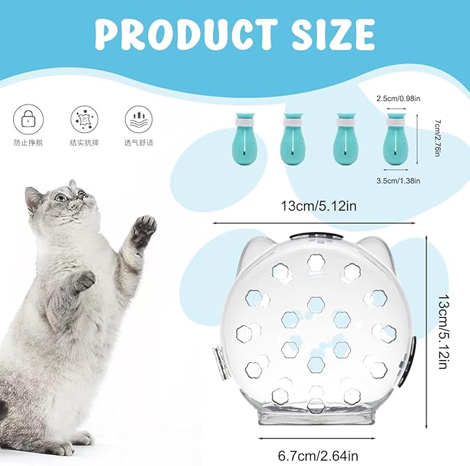 Cat Bubble Muzzle with 4 Boots 5 Inch, Breathable Transparent Anti-Lick & Anti-Bite Head Cover for Grooming Nail Trimming