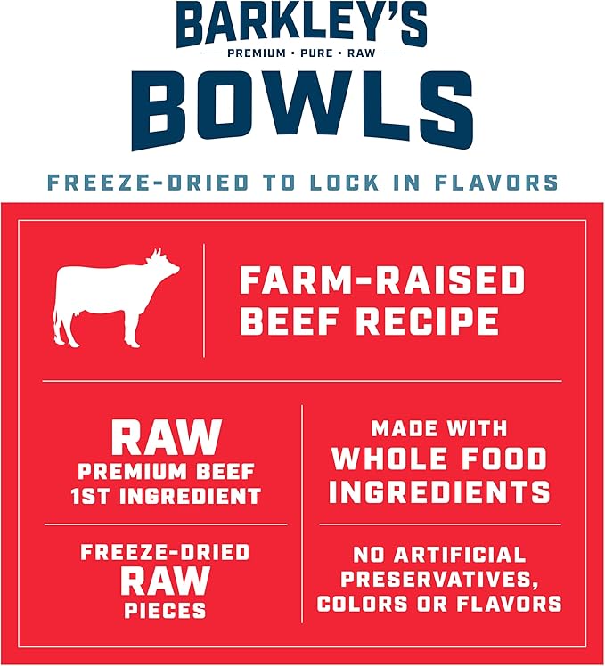Barkley’s Bowls, Freeze-Dried Raw Beef Dog Food, Fresh Whole Food Ingredients with Farm-Raised Beef, Grain Free, High Protein for Balanced Nutrition, Dog Treats or Topper, 16 Oz Bag