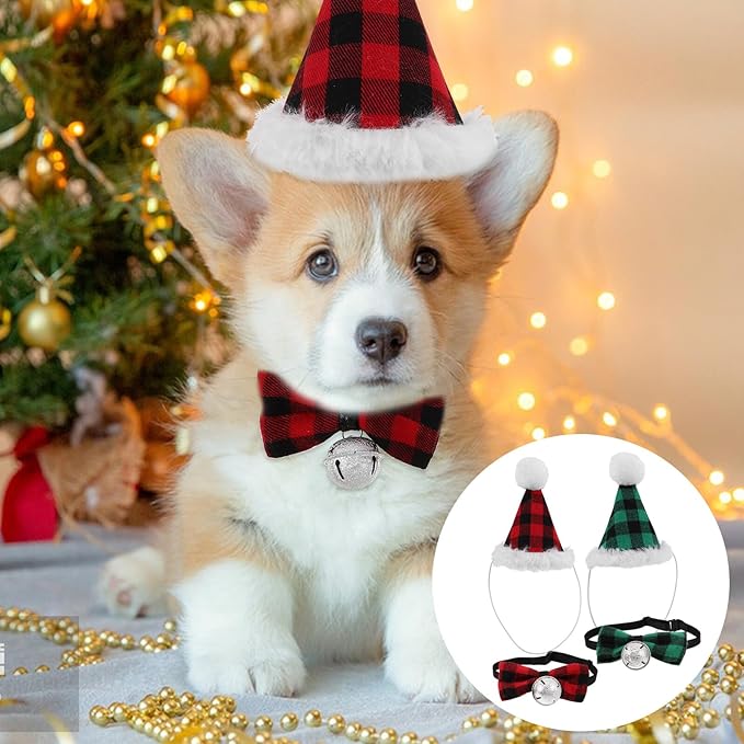 UKCOCO 2 Sets Christmas Pet Hats and Bow Ties for Dogs and Cats – Plaid Small Dog Neck Tie and Puppy Party Supplies – Festive Holiday Costume Accessories for Pet Christmas Dress-up