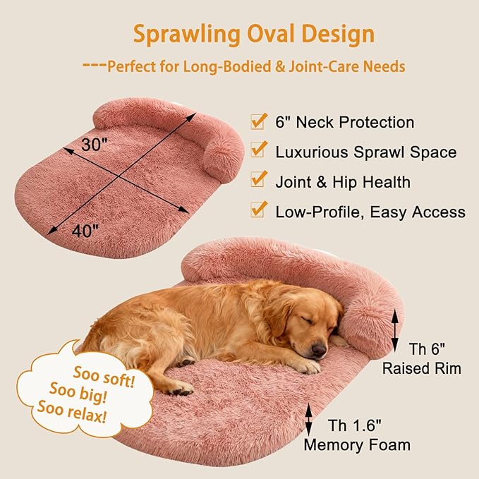 Calming Dog Beds for Medium Large Dogs, Orthopedic Cushion Plush Large Pet Bed Lounge with Washable Cover, Anti-Anxiety Soft Fluffy Faux Fur Fits up to 60 lbs Pets (Oval, Blush 40"x30")