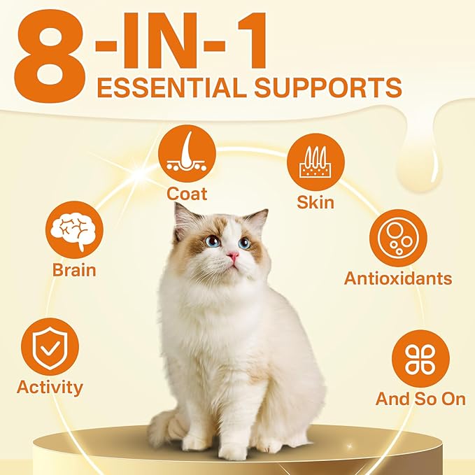 Cat Probiotics + Multivitamin– 500 Chews Crunchy & Creamy Cheese Core with 8-in-1 Support for Immune - Skin & Coat, Digestion, Heart, Bone, and Brain Health for All Cats