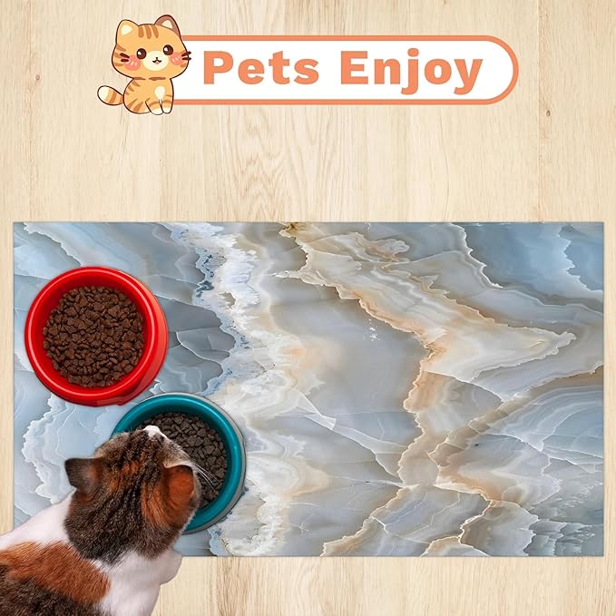 Abstract Marble Dog Food Mat for Floors Absorbent, Quick Dry Water Dispenser Mat for Food, Water, Pet Supplies 12" x 20", White Yellow