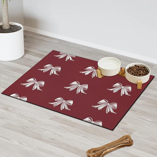 Christmas Bow Dog Food Mat for Floors Absorbent, Quick Dry Water Dispenser Mat for Food, Water, Pet Supplies 12" x 20", Cute Bow