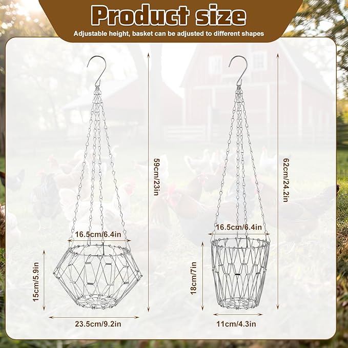 2 Pack Hanging Chicken Feeder, 9.2IN Large Foldable Chicken Treat Dispenser Vegetable and Fruit Food Utensils Basket,Sack Coop Rabbit Hens Duck Poultry Bowl with 4pcs Hanging Chain