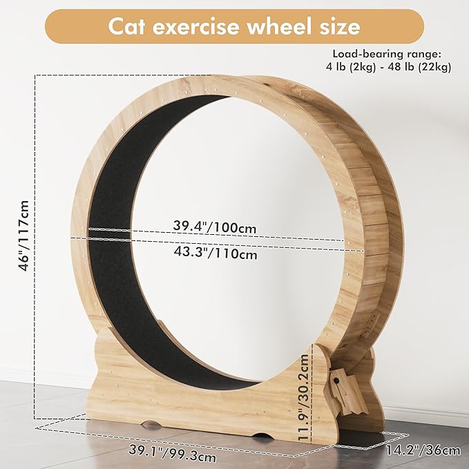 Cat Exercise Wheel, 46'' Cat Wheel for Indoor Cats with Carpeted Runway, XL Treadmill with Removable Carpet and Teaser, for Running Walking Training (Natural Wood)