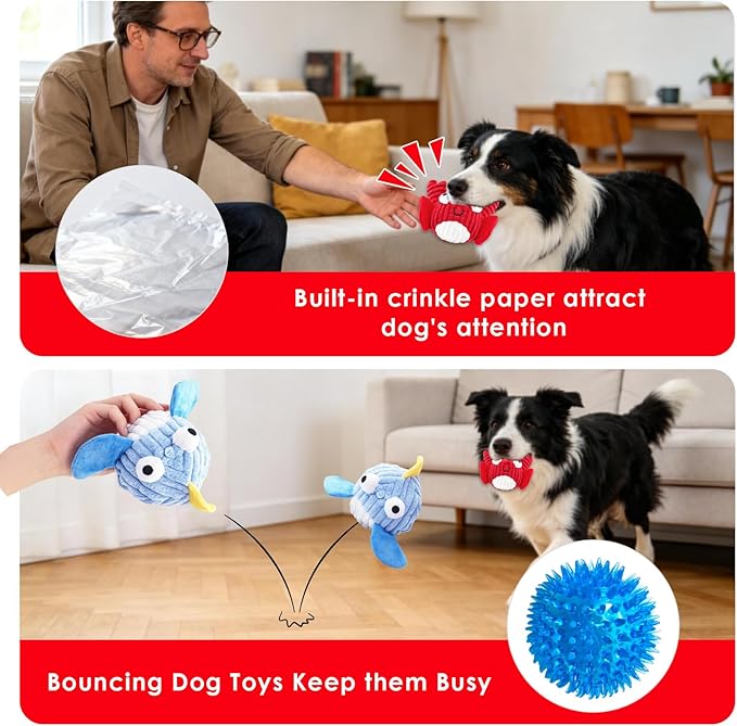 Squeak Dog Toys for Aggressive Chewers, No Stuffing Squeak Dog Chew Toys for Aggressive Chewers, Interactive Dog Toy Ball with Crinkle Paper for Medium Dogs, Large & Small Breeds (F-Whale+Fish)