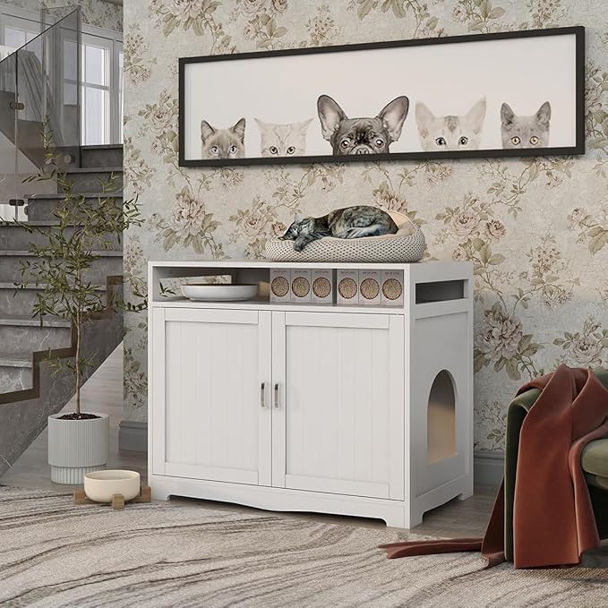 31.5" L White Cat Litter Box Enclosure with Hidden Plug & 2 Doors, Indoor Large Cat Washroom Storage Bench Side Table