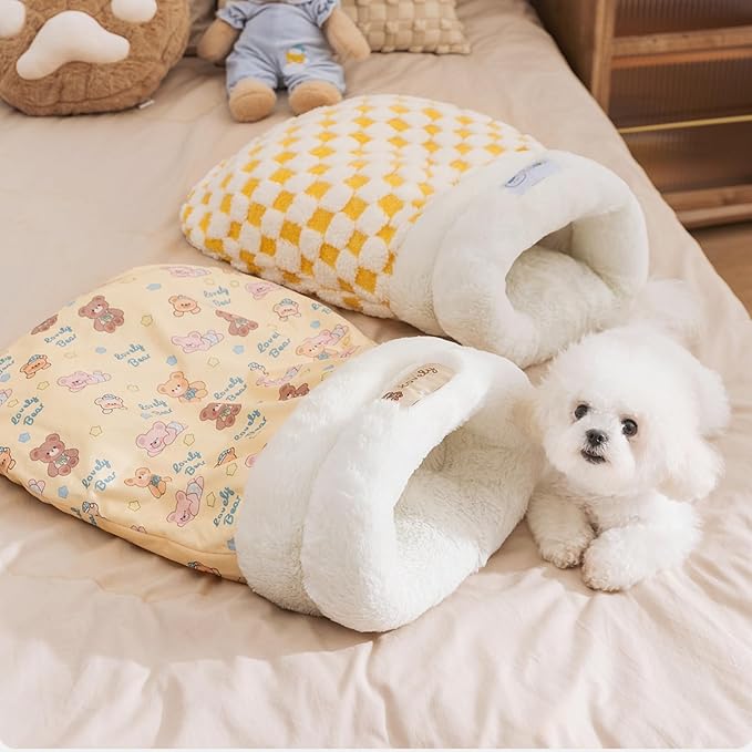 Cat Sleeping Bag for Indoor Cats, Cozy Pet Nest for Cats, Fluffy Cat Bed Cave for Small Dog Cat, Self Warming Winter Pet Sleeping Bags for All Seasons Indoors (Brown A)