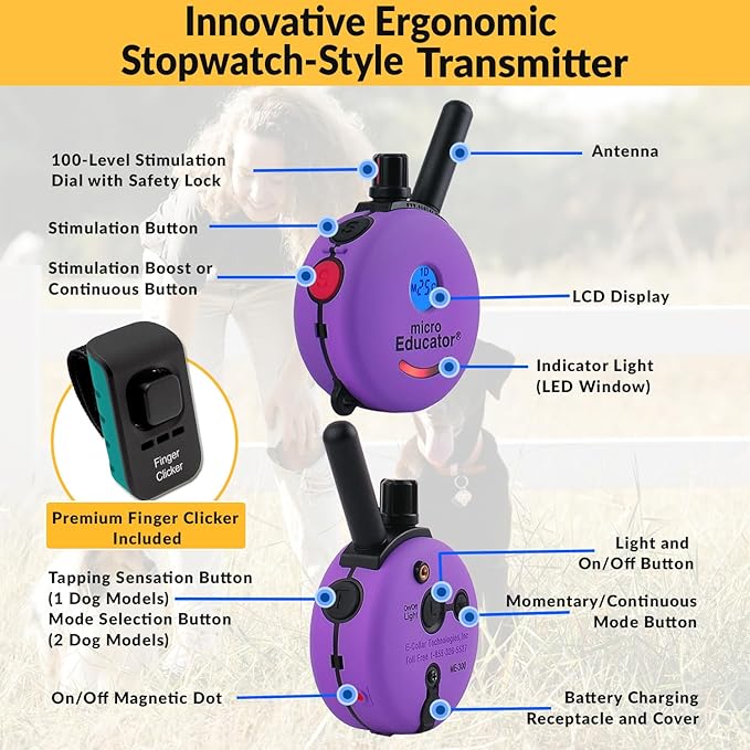 Educator ME-302 DMBC Micro E-Collar Two Dog Training Collar with Remote 100 Levels Safe Selectable Stimulation Night Light Waterproof Finger Clicker Rechargeable 1/3 Mile range for Small & Medium Dogs
