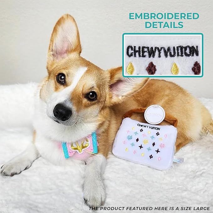 Haute Diggity Dog White Chewy Vuiton Handbag, Plush Designer Dog Toys with Interactive Squeaker, Stimulating Pet Enrichment, Machine-Washable & Safe Materials for All Breeds, Size Small