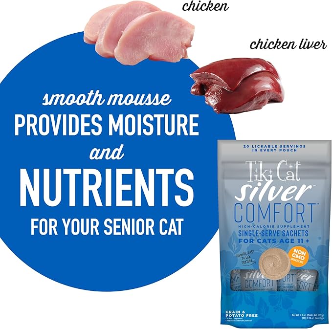 Tiki Cat Food, Chicken & Chicken Liver, 5.6 oz | Silver Comfort Recipe | 20 Sachets | Pack of 2