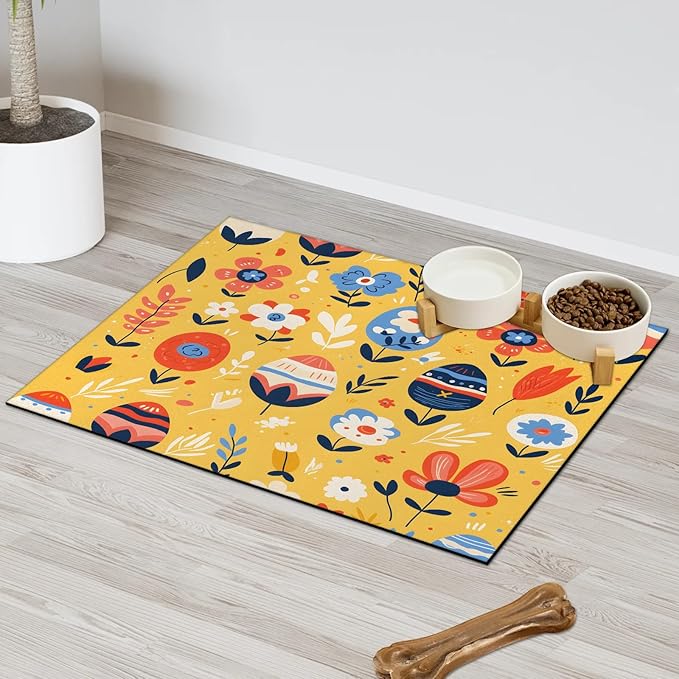 Spring Easter Dog Food Mat for Floors Absorbent Dog Bowl Mat for Food and Water Dispenser Quick Dry Cat Food Placemat Pet Supplies 17" x 30", Egg Flower