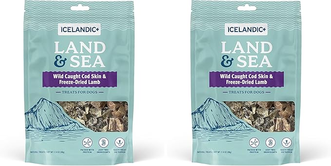 Icelandic+ Land & Sea Wild Caught Cod Skin & Freeze-Dried Lamb - 2.4oz Bag, Dog Treat & Food Topper, 2 Ingredients, No Preservatives, All Natural (Pack of 2)