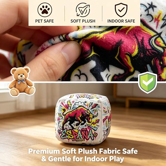 Street-art Soccer Toss Dice Dog Toy, Interactive Plush Cube with Squeaker Crinkle paper, Irregular Bounce Interactive Indoor Toy, 6-Sided Squeaky Prediction Dice,Match Day Companion Pet Supply