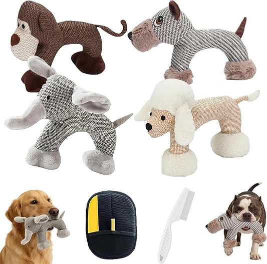 Linen Safari Companions, Squeaky Dog Chew Animals, Strudy Linen Fabric, Relieve Boredom and Anxiety in Dogs (Dog +Monkey+Elephant +Sheep)