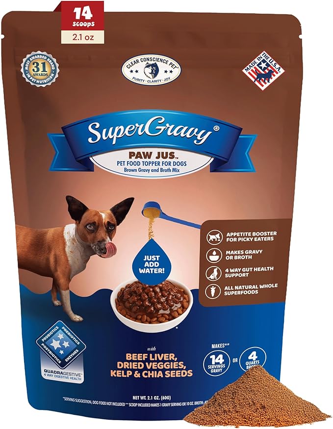 CLEAR CONSCIENCE PET® Paw Jus™ SuperGravy® Natural Dog Food Gravy Topper, Hydration Broth Mix, Gluten and Grain Free Kibble Seasoning Powder Topper for Picky Eaters (2.1 oz. (14 Scoop))