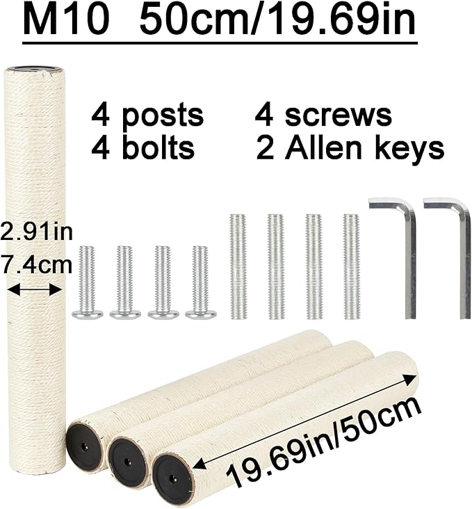 4 PCS 7.4cm 2.91in Diameter Cat Scratching Post Replacement Sisal Pole (50cm/19.69in, M10)
