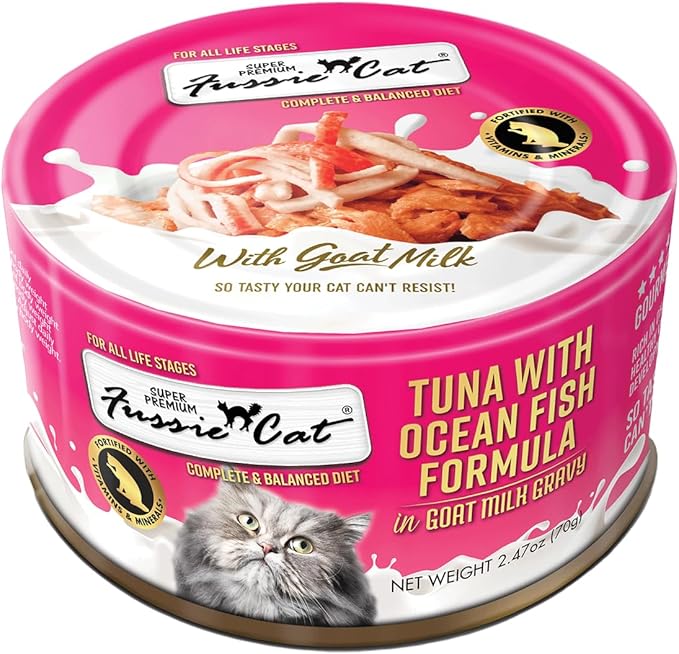 Fussie Cat Premium Canned Wet Cat Food in Goat Milk Gravy - 2.47 oz Cans - Case of 24 Cans (Tuna & Oceanfish)
