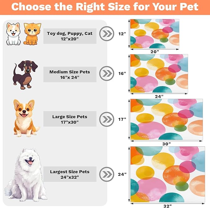 Polka Dots Dog Food Mat for Floors Absorbent Dog Bowl Mat for Food and Water Dispenser Quick Dry Cat Food Placemat Pet Supplies 17" x 30", Colorful Rainbow