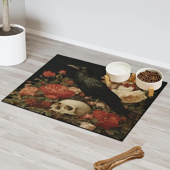 Halloween Raven Dog Food Mat for Floors Absorbent, Quick Dry Water Dispenser Mat for Food, Water, Pet Supplies 24" x 32", Skull Floral
