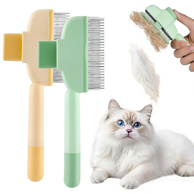 Self Cleaning Pet Hair Removal Comb, Pet Comb with Long Short Stainless Steel Metal Teeth, Cat Grooming Brush, Pet Grooming Supplies for Cat, dog (Green+Yellow)