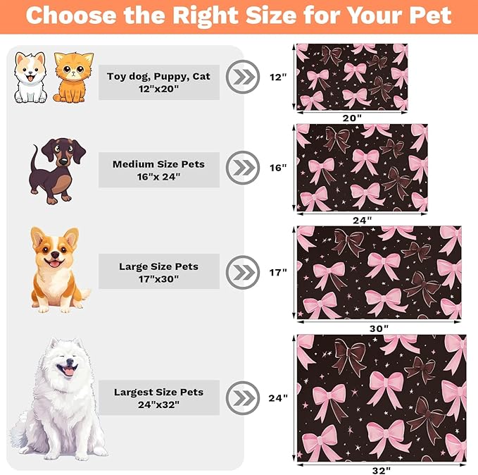 Black Pink Bow Dog Food Mat for Floors Absorbent, Quick Dry Water Dispenser Mat for Food, Water, Pet Supplies 17" x 30", Bownot