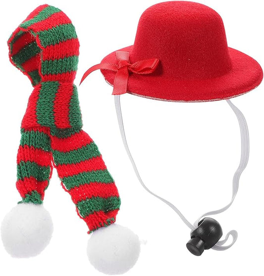 Mikikit Pet Dog Hat and Scarf Set Christmas Red Felt Hat with Red Green Knitted Scarf 2pcs Xmas Pet Costume Accessories for Holiday Party Supplies