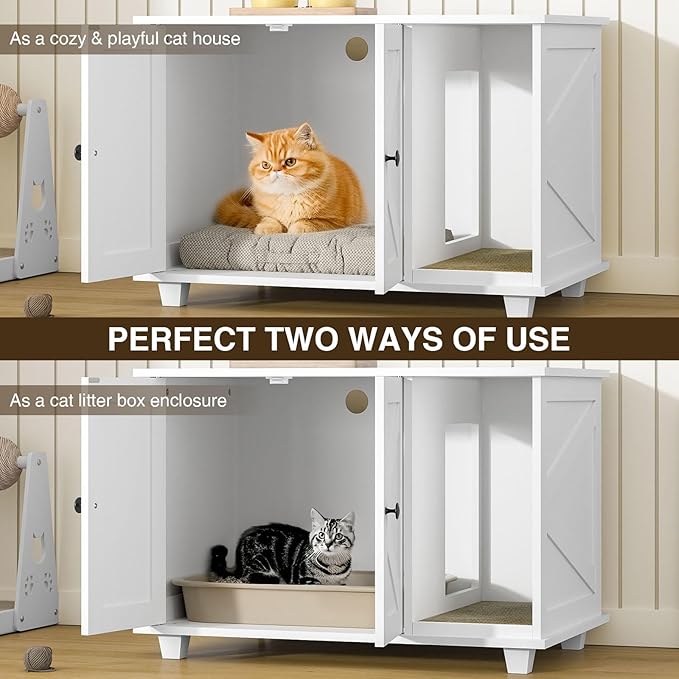 Giluta Cat Litter Box Enclosure,Hidden Litter Box Furniture Cabinet with Scratching Pad,Wooden Pet House Side End Table for Living Room Washroom,31.5 x 20.5 x 21.6 Inches (White)