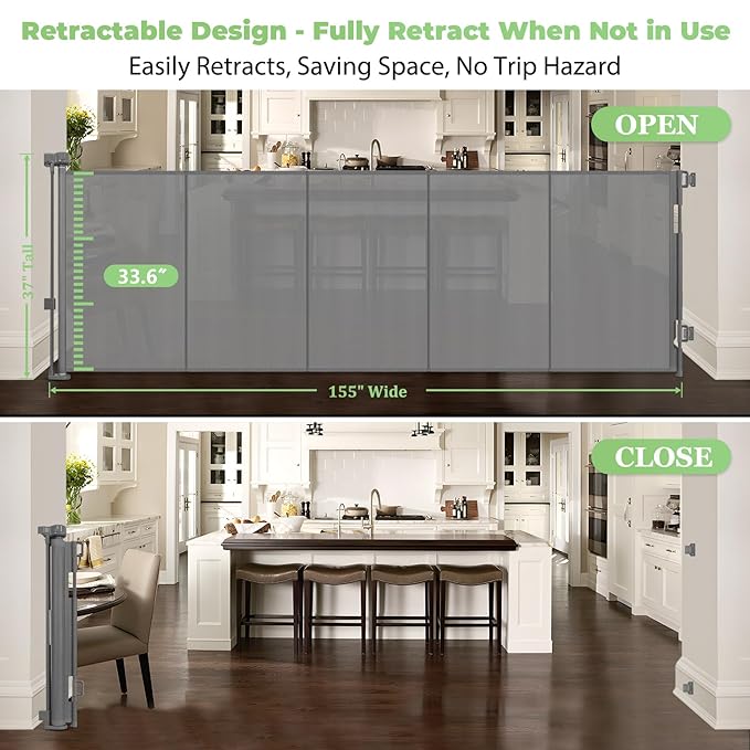 Reinforced 37" Tall x 155" Extra Wide Retractable Baby Gates with Reinforced Rods, 13ft Extra Wide Dog Gate – Prevents Crawling Under, Retractable Pet Gate Retractable Fence Garage Gates for Dogs/Gray
