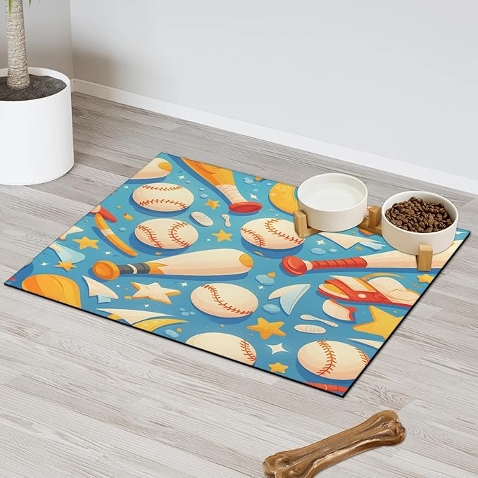 Baseball Dog Food Mat for Floors Absorbent, Quick Dry Water Dispenser Mat for Food, Water, Pet Supplies 16" x 24", Sports Ball