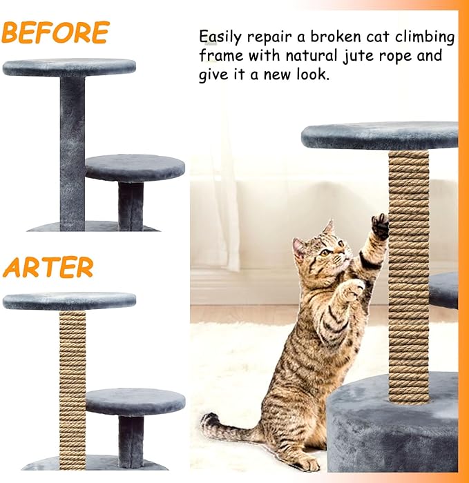 Jute Rope for Cat Scratch Post 1/4" Diameter 328 FT Cat Natural Hemp Rope Cat Tower Repair Rope Cat Tree Rope Replacement Recovering and DIY