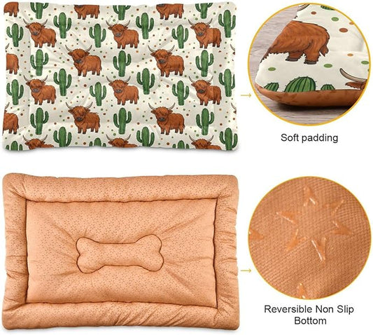 Dog Bed for Crate Washable Pet Sleep Pad, Highland Cow Kennel Mat with Non-Slip Bottom, Soft Fluffy Supplies Pet for Dogs and Cats (36x24 inch)