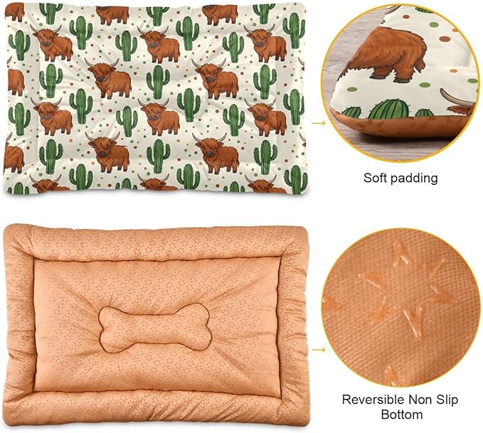 Dog Bed for Crate Washable Pet Sleep Pad, Highland Cow Kennel Mat with Non-Slip Bottom, Soft Fluffy Supplies Pet for Dogs and Cats (24x18 inch)
