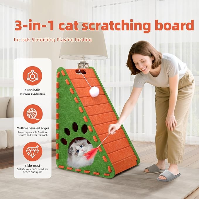 Cat Scratcher, Triangle Felt Cat Scratcher(Cat House), Vertical Integrated 3 in 1 Ramp Vertical Felt Cat Board(Green Orange)