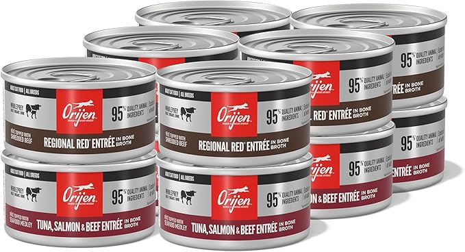 ORIJEN Premium Pate Wet Cat Food Variety Pack: Tuna Salmon & Beef + Regional Red Entrées 3oz Cans (12 Count, 6 of Each)